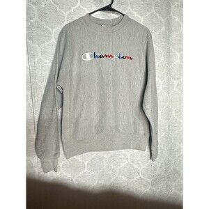 Champion Reverse Weave Heather Gray Rainbow Script Spellout Logo Crewneck Small